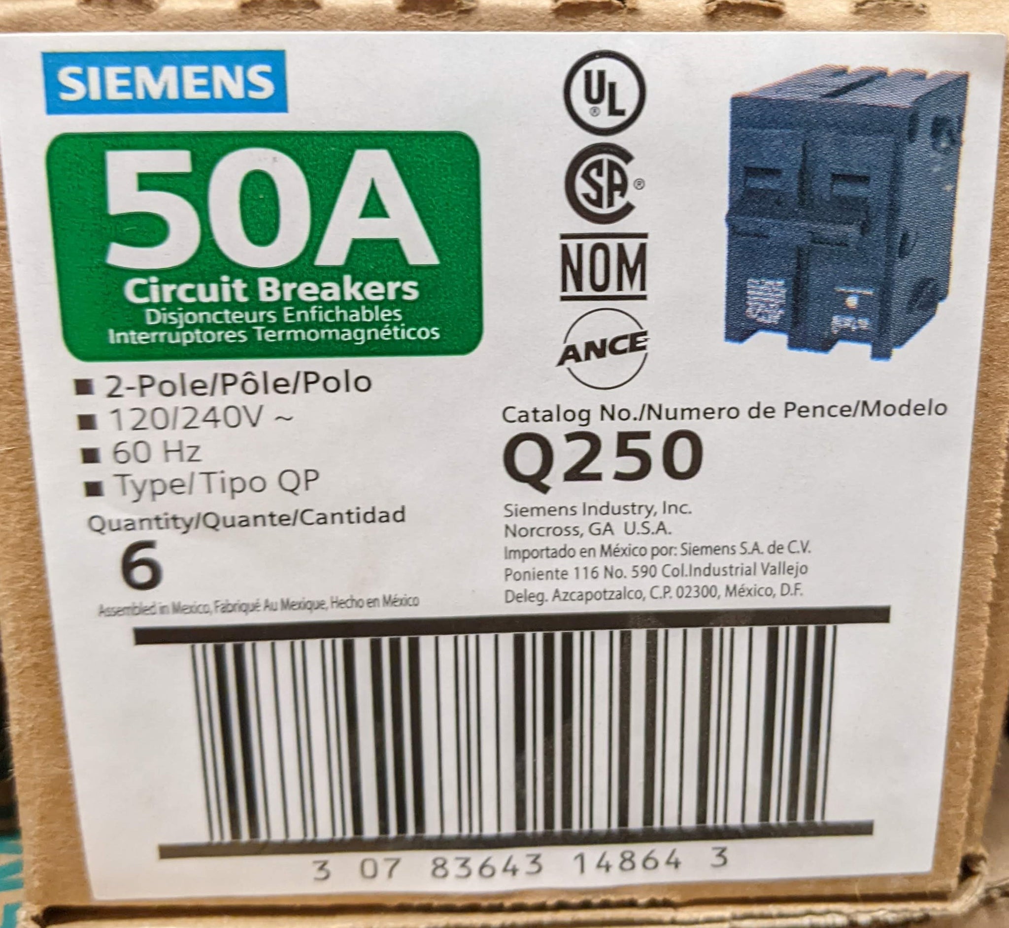Q250 Siemens Q250 : 50A 2 Pole Circuit Breaker – Ohio Electric Supply