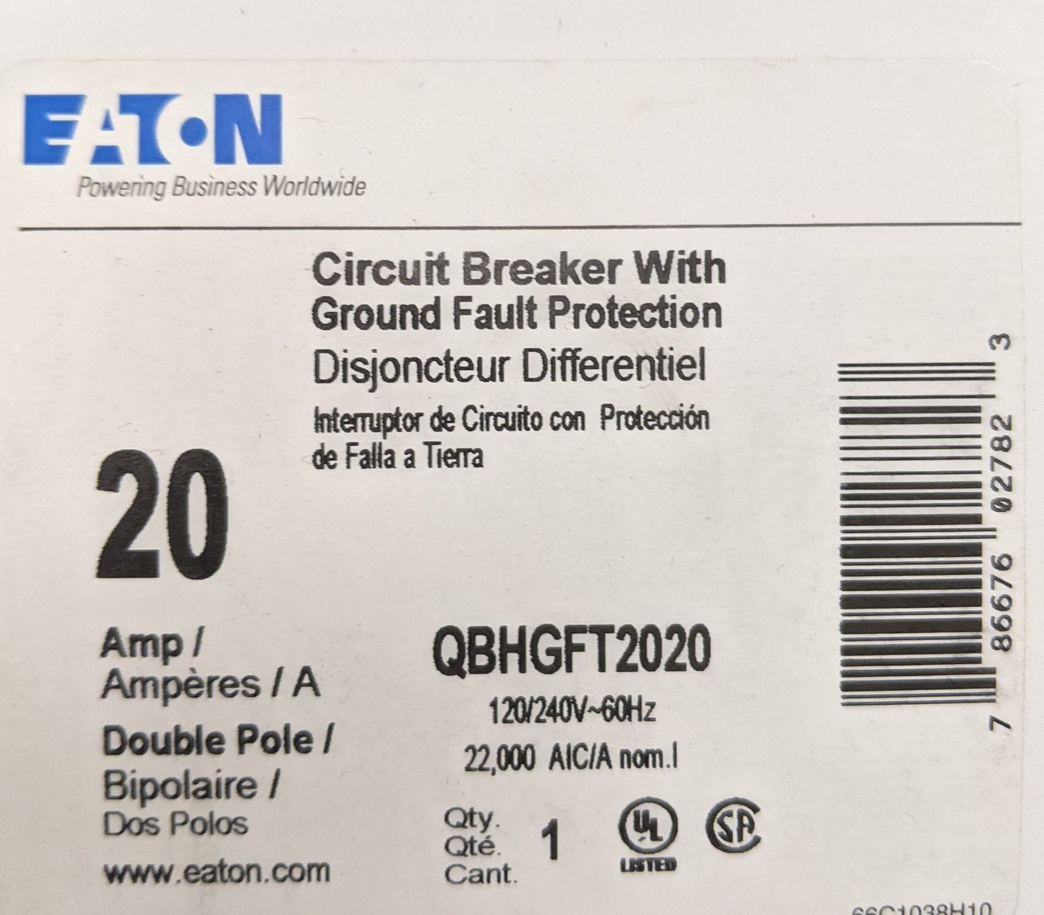 NEW IN BOX EATON QBGFT2020 20A, 2P, BOLT-ON GFI CIRCUIT BREAKER NEW IN BOX EATON QBGFT2020 20A, 2P, BOLT-ON GFI CIRCUIT BREAKER